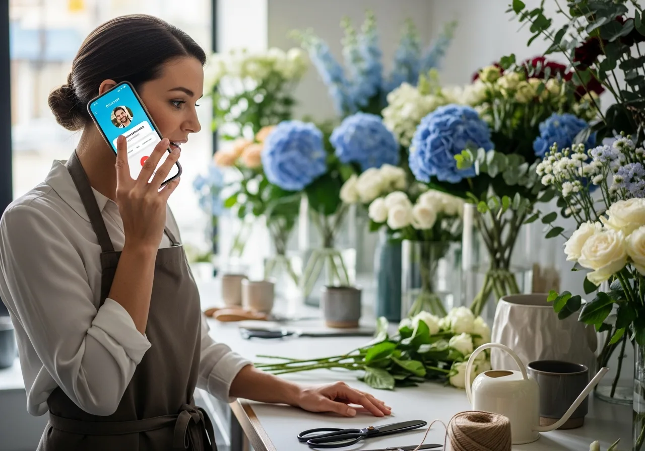 A shop owner answering a call with a rich caller card on screen