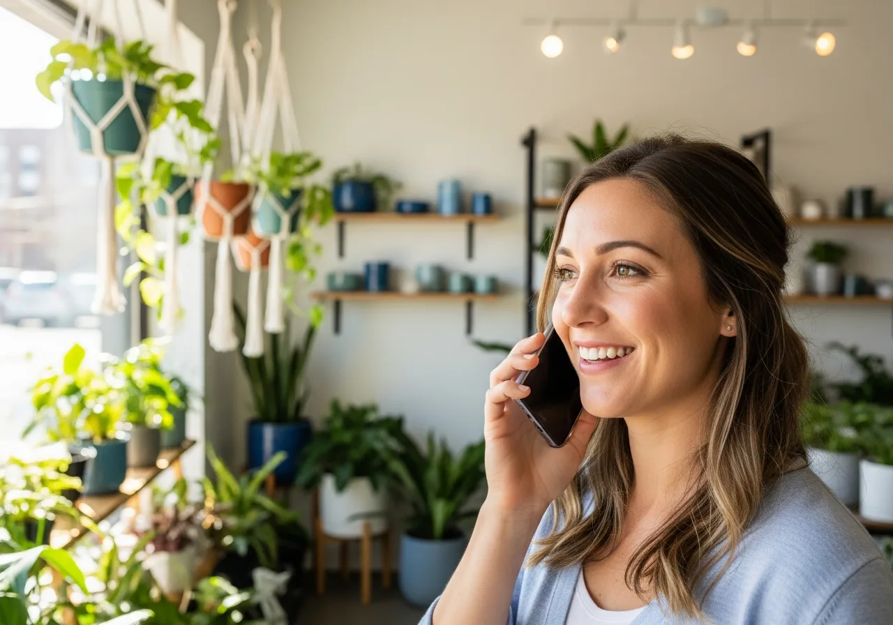 A small-business owner taking a call in her shop with Zio Dialer