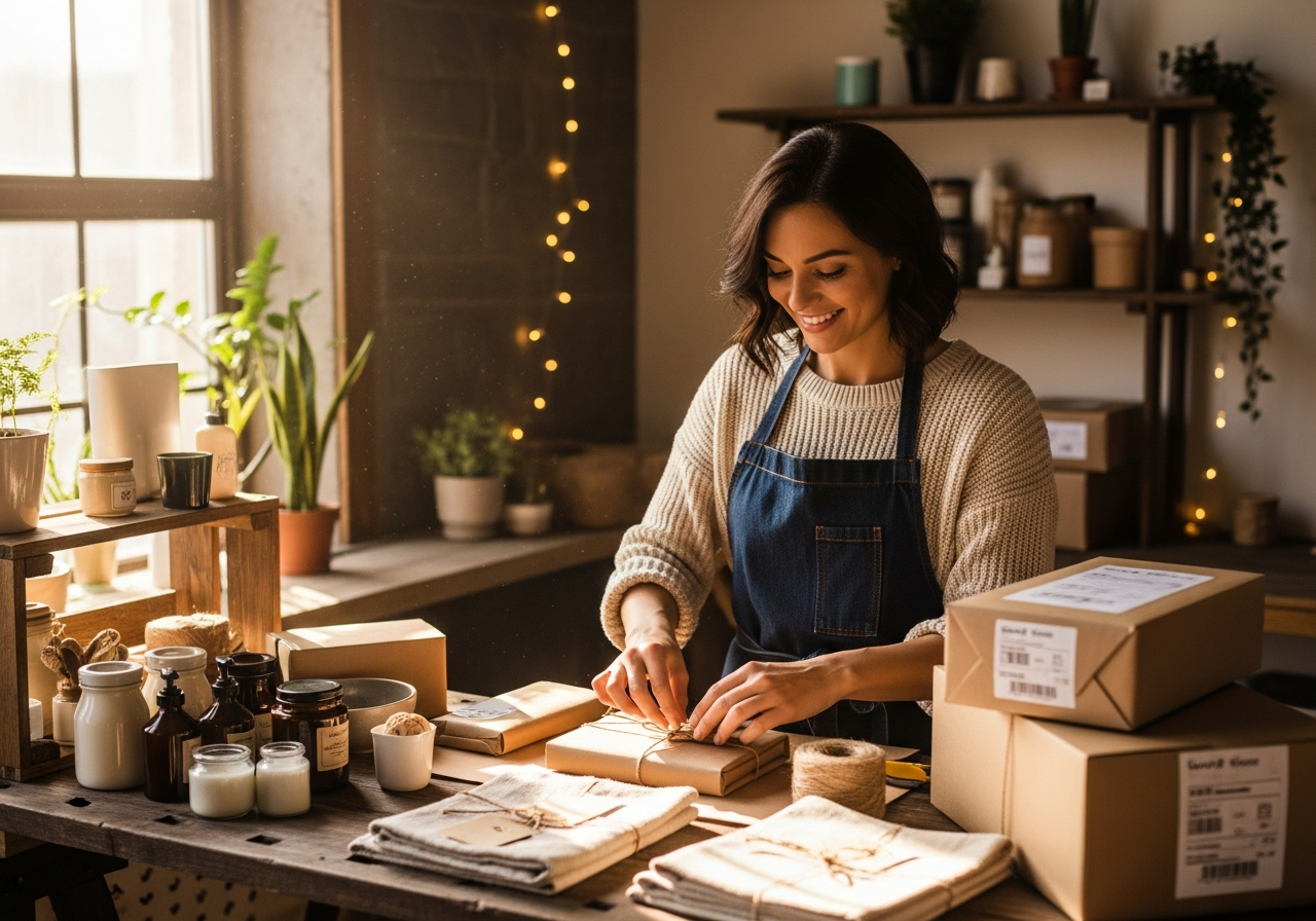 Small shop owner packing orders